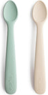 mushie Silicone Baby Feeding Spoons, 2 Pack (Cambridge Blue/Shifting Sand)