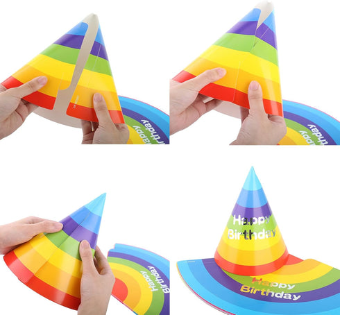 Rainbow Cone Party Hats for Kids & Adults - 12 Pack, 8 inch for Birthday Parties & Classroom Decorations