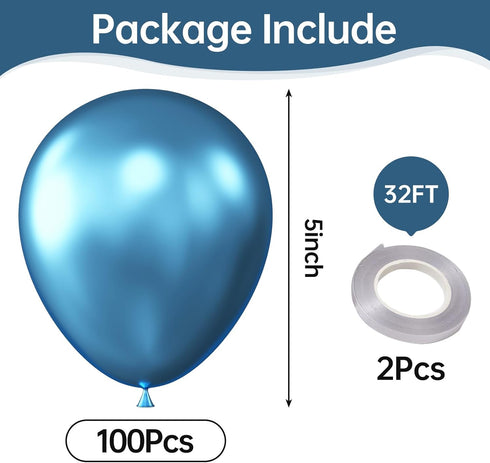 KALOR 100 pcs Metallic Blue Balloons, 5 inch Thick Latex Chrome for Birthday Decoration, Wedding Party