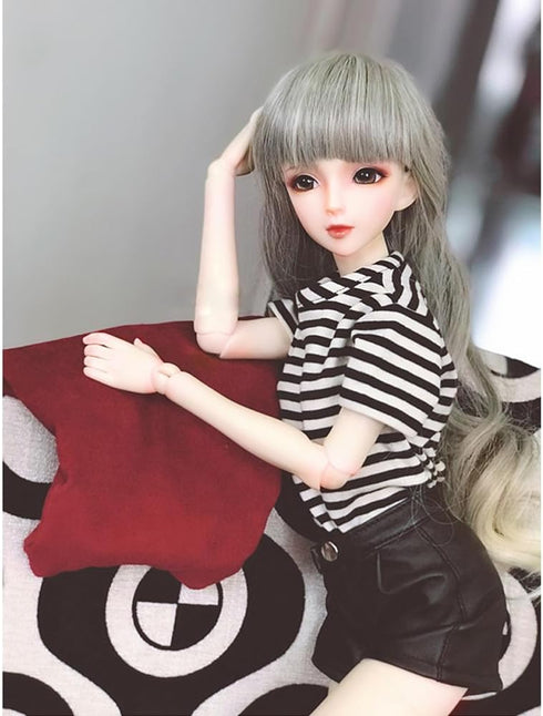 niannyyhouse 1/3 1/4 1/6 BJD Dolls Clothes Burgundy Overcoat with Striped T-Shirt and Leather Shorts (1/3BJD)