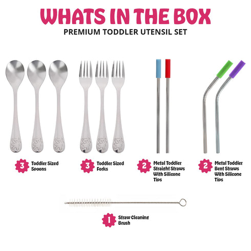 15 Pieces Toddler Kids Utensils Kids Silverware Set Stainless Steel, Safe Baby Utensils 3 Toddler Forks 3 Toddler Spoons 4 Reusable Metal Straws 4 Silicone Tips and Brush, Kid Utensils Flatware by HOMEFAVE