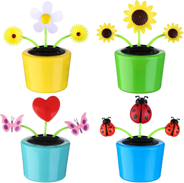 4 Solar Dancing Bee Toy, Solar Powered Dancing Sun Flower in Colorful Pots, Animated Bobblehead Dancer