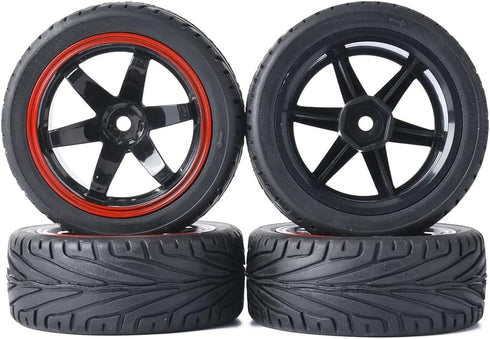 4PCS Black/Red RC Car Rubber Tires and Plastic Wheels Rims for 1/10 Scale On Road Touring Racing Flat Drift Car
