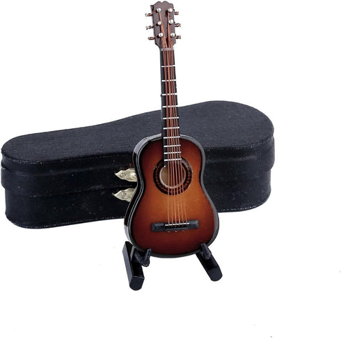 Dselvgvu Wooden Miniature Guitar with Stand, Brown Model for Dollhouse Decoration, 3.93"x1.42"x0.56"