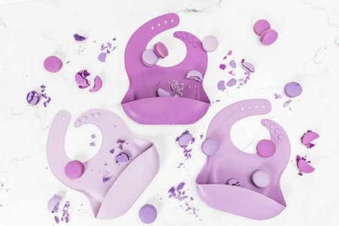Silicone Baby Bibs for Infant Toddler Feeding, Muted Purple Multi Set Pack of 3, Waterproof and Soft