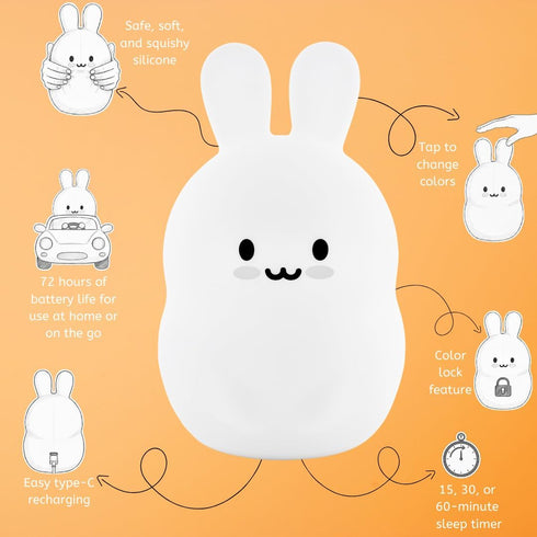 Lumipets Baxter The Bunny Squishy Night Light for Kids | Silicone Lamp with Tap & Remote Control | Rechargeable Color