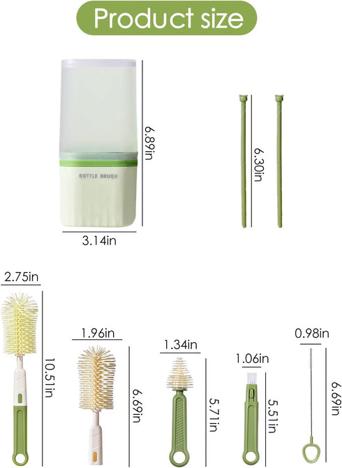BOVELLA Set-Travel Box-6 1 Baby Bottle Brush Bottle Cleaner Kit with Silicone Brush,Drying Rack,Nipple Brush,Straw