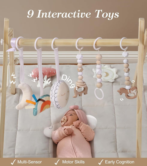 FUNNY SUPPLY 6 Wooden Play Gym with Beige Mat, Foldable Baby Play Gym, Infant Activity Mat with Hanging Toys, Natural