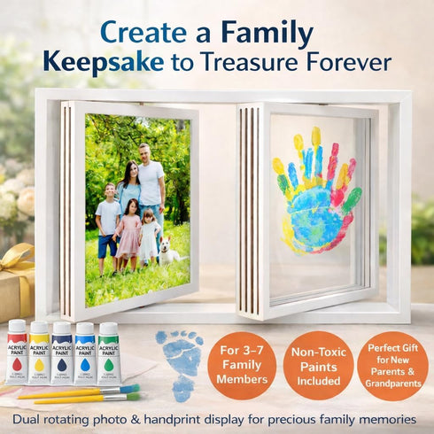 Family Handprint Frame Kit, Dual Rotating Photo & Handprint Display, DIY Keepsake Craft with Wooden Frame, Non-Toxic