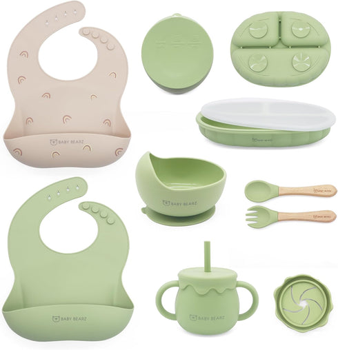Silicone Baby Feeding Set 6+ Months, Baby Led Weaning Utensils with Suction Bowl, Plate, Spoon, Fork, Snack Cup