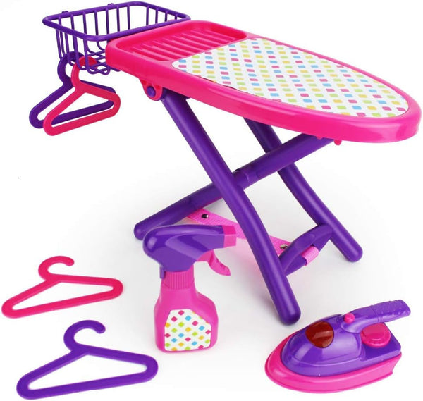 Boley Pretend Play Laundry Playset - 8-Piece Pink and Purple Toy Ironing Board Set with Realistic Lights & Sounds