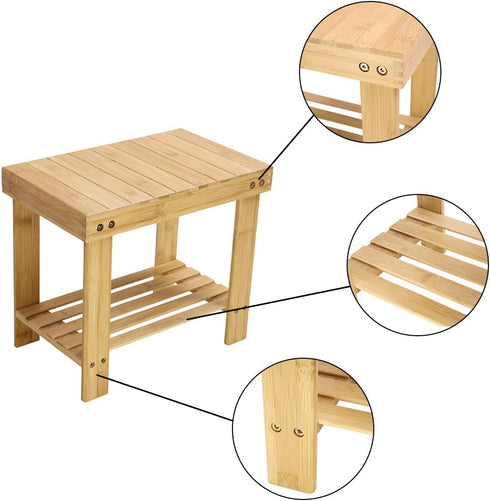 KKTONER Bamboo Step Stool with Storage Shower Bench with Shelf Foot Stool for Bathroom Living Room Bedroom Natural