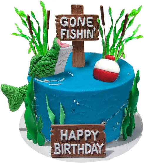 DiDida Fishing Cake Topper Gone fishing Cake with Bass Reed Happy Birthday Sign