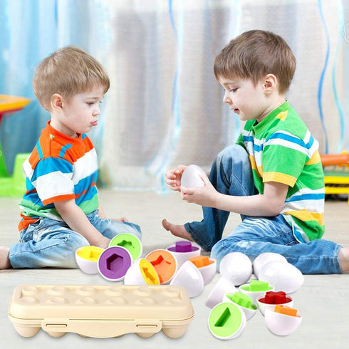Matching Eggs Set with Beige Holder, Upgraded Toddler Egg Toys for Learning Shapes & Colors, 12 Eggs