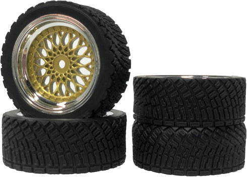 4PCS 65mm RC Rally Car Rubber Tires and Plastic Plating Wheel Rims Set for 1/10 RC On-Road Racing Car (Gold Silver)