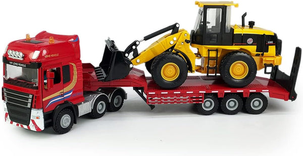 Flatbed Truck Toy with Excavator Loader, Metal Diecast Construction Vehicles 2 in 1 Playset for Boys Kids Gift (Red)