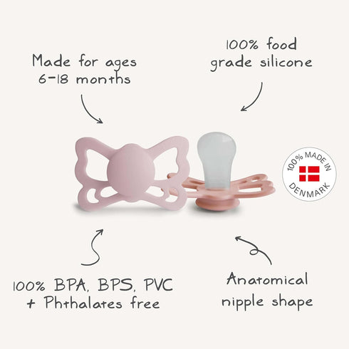 6-18 FRIGG Butterfly Anatomical SilkySoft Silicone Baby Pacifier | Made in Denmark | BPA-Free (Silky Satin/Cream