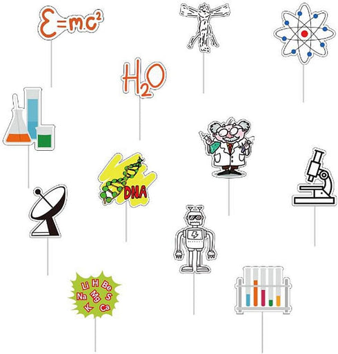 24pcs Science Theme Paper Cupcake Toppers, Mad Science Cake Decorations for Kids Astronomy Biology Chemistry Birthday