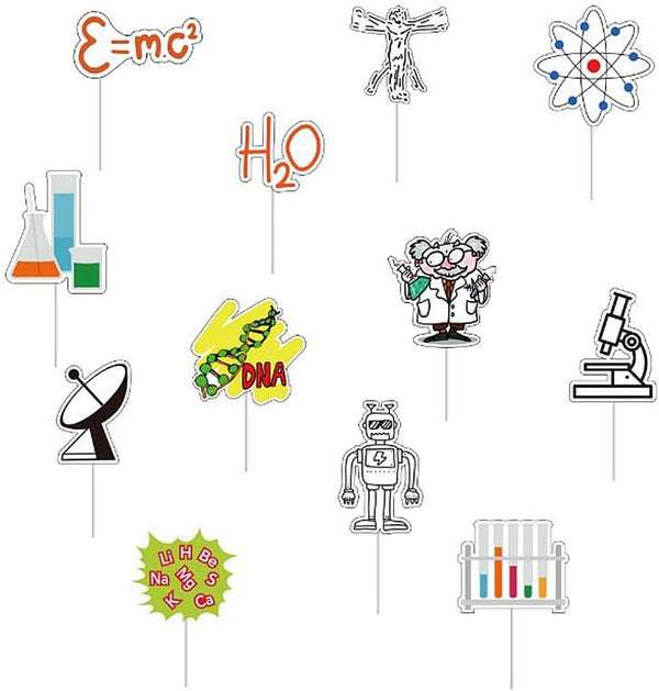 24pcs Science Theme Paper Cupcake Toppers, Mad Science Cake Decorations for Kids Astronomy Biology Chemistry Birthday