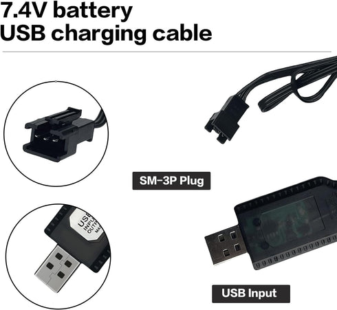 7.4V USB Charger Cable with SM-3PIN Plug for RC Car Plane Tank Boat, Universal 7.4V Lipo Battery USB Charger with