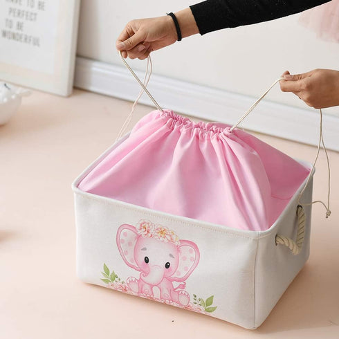 INough Pink Basket Elephant Storage Bins for Kids, Collapsible Storage Basket for Toys and Clothes, Medium