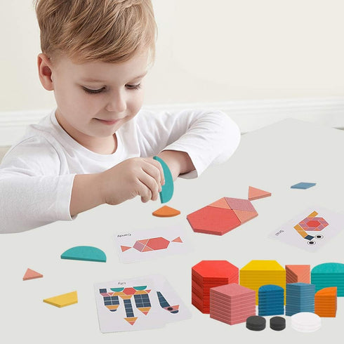 USATDD 180 Pcs Wooden Tangrams Pattern Blocks Set, Classic Educational Montessori Toys for Kids with 24 Pcs Flash Cards