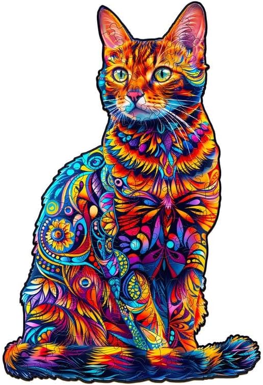 Wooden Puzzle for Adults, Cat Wooden Jigsaw Puzzles, Unique Animal Shape Wood Cut Puzzles for Family