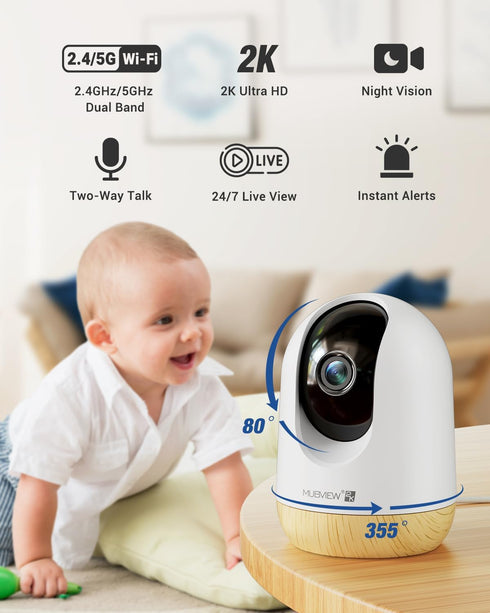 MUBVIEW 5G WiFi Indoor Security Camera, Pet Camera with Phone App, 2K Night Vision, Auto Tracking, 2-Way Audio, Local &