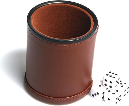 Leather Dice Cup Set - Felt Lining Quiet Shaker with 5 Dot Dices for Farkle Yahtzee Games, Brown