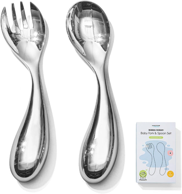KINGSTONE Toddler Utensils Set, 18/10 Stainless Steel Kids Silverware Set with Curved