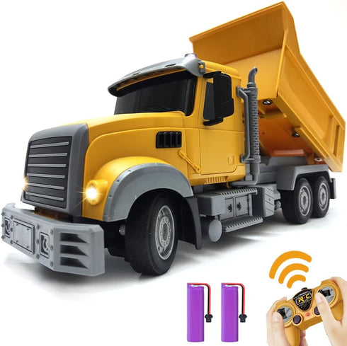 RC Dump Truck Toy for Kids, 6 Channel Remote Control Dump Truck with LED Lights & 2 Rechargeable Batteries