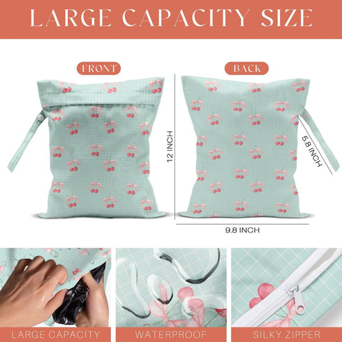 VBCVBGFH 4 Pack Cute Stripe Bow Cherry Wet Bag Waterproof Washable Reusable Wet Dry Bag for Swimsuit Dirty Clothes