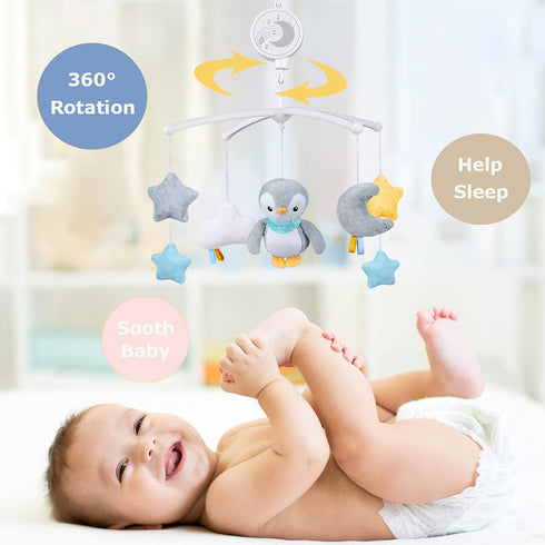 TuiVeSafu Baby Musical Mobile with Lullabies Music Box, Rotating Penguin Mobile Soother Crib Toy, Gift for Baby Nursery