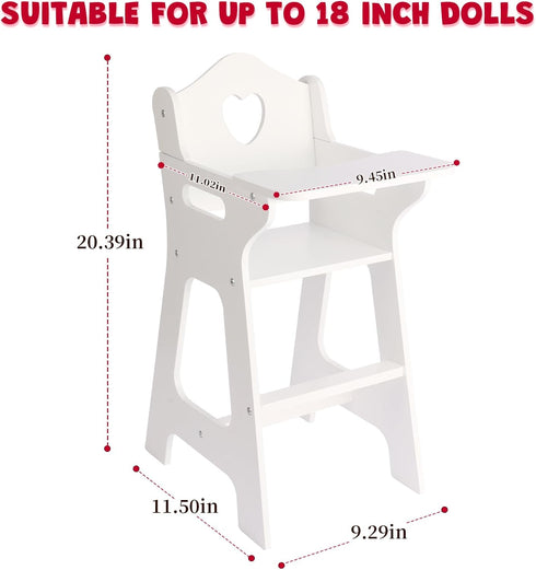 PHOKID 18 Inch 3+, 18" Doll High Chair for Pretend Play - Wooden Doll Furniture with Safety Belt, Footrest & Flower