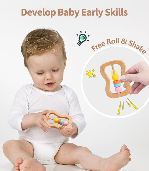 6 Set, 0-6-12 0-6 PCS Wooden Baby Rattle, Organic Colorful Baby Hand Rattles Wood Rattles for Babies Months, Wooden
