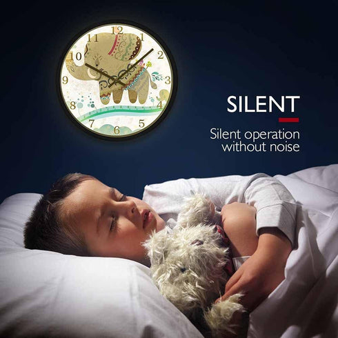 Geek Alerts Little Animals Cartoon Elephants Wall Clock with Sound Control LED Night Light Animal Metal Frame Silent