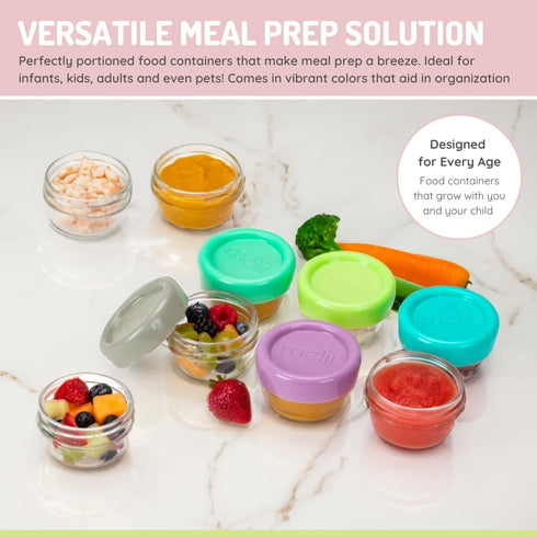 melii Glass Baby Food Freezer Jars, Snack Container with Lids, BPA Free, Microwave & Dishwasher Safe (2oz - 6 Piece Set)