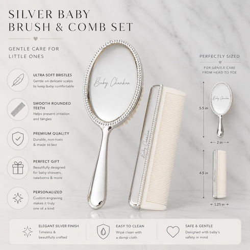 Set Engraved Silver-Plated Brush & Comb Newborn Grooming Kit, Soft Bristle Hairbrush, Custom Baby Keepsake Gift
