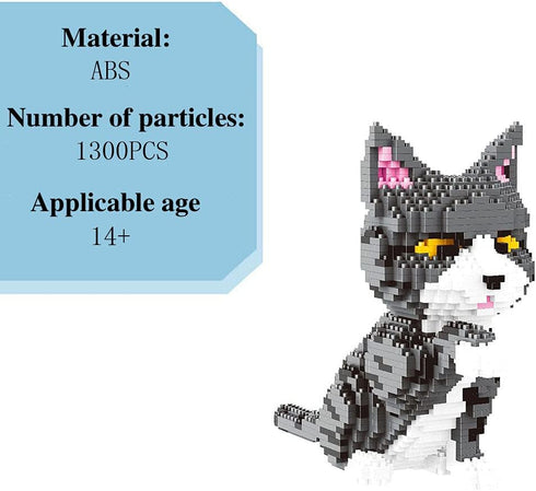 Mini Cat Building Blocks Set, 3D Puzzle Toy Bricks for Kids or Adults, 1300PCS Micro Mini Blocks (Cat Gray)