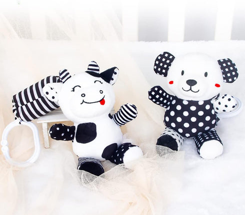 Baby Car Seat Toys - Black White Stroller Toy Stretch Plush Toys for Crib Mobile - Newborn Sensory Toy