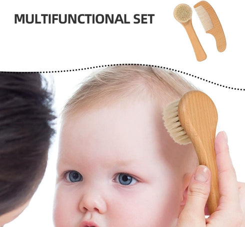 Set Grooming Kit with Soft Wool Scalp Brush and Comb for Newborns and Gentle Hair Care Bath and Massage Tool