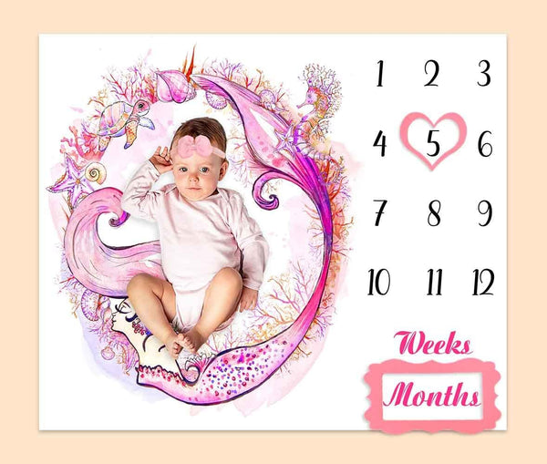 Monthly Milestone Blanket for Baby Girl, Pink Mermaid Watercolor Starfish Seahorse Turtle Seashell Growth Chart