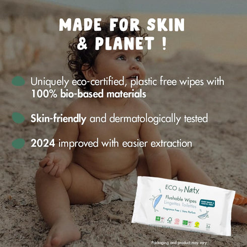 Eco by Naty Flushable Baby Wipes - Compostable, Plant-Based, Chemical-Free, Hypoallergenic, 42 Wipes Per Pack (12 Pk)