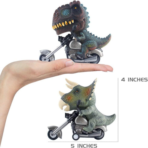 DINOBROS Dinosaur Toy Cars 2 Pack, Friction Powered Motorcycle Game with T-Rex and Triceratops