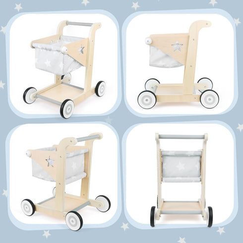 2 1 Asweets in Wooden Baby Walker Push and Pull Doll Stroller, Shopping Cart Learning Walker for Boys and Girls, Sit