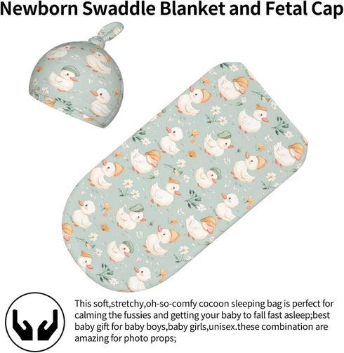 Nanyizly Set 0-6m Cute Little Duck Flowers Newborns Beanie Swaddle Blanket Baby Receiving Blankets for Infant Boy Girl
