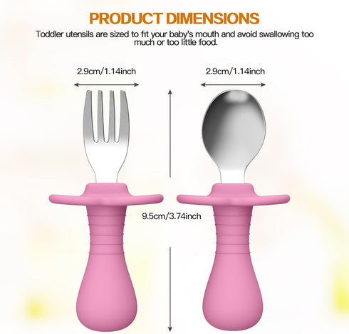 2 Pcs Toddler Utensils Set, Stainless Steel Forks and Spoons for Safe Flatware with Round Handle, BPA Free (Pink)