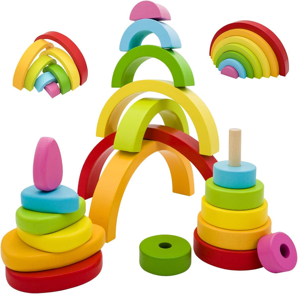 MEGRANATE Montessori Wooden Rainbow Stacking Toys for Baby Grimms Wood Building Blocks Nesting