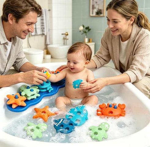 Set 10 Silicone Baby Bath Toys Stackable, Shape-Sorting Floating with Mold-Free Textured Pieces, No-Hole Design Early