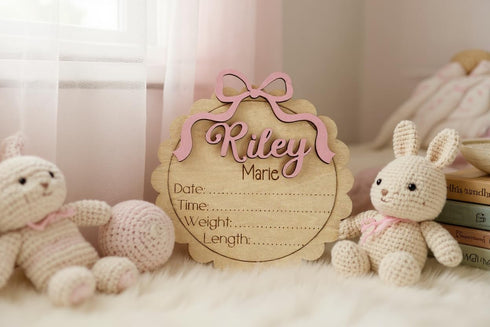 Personalized Baby Girl Birth Announcement Stat Sign with Bow Custom Round Wooden Name Plaque with Scalloped Edge